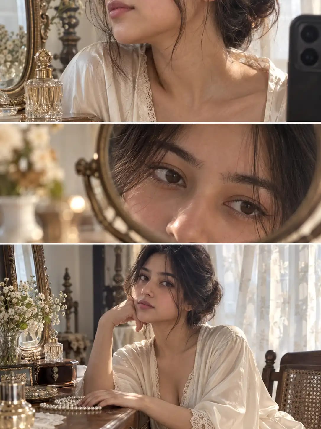 Vintage Vanity Mirror Triptych | Morning Light Split Portrait