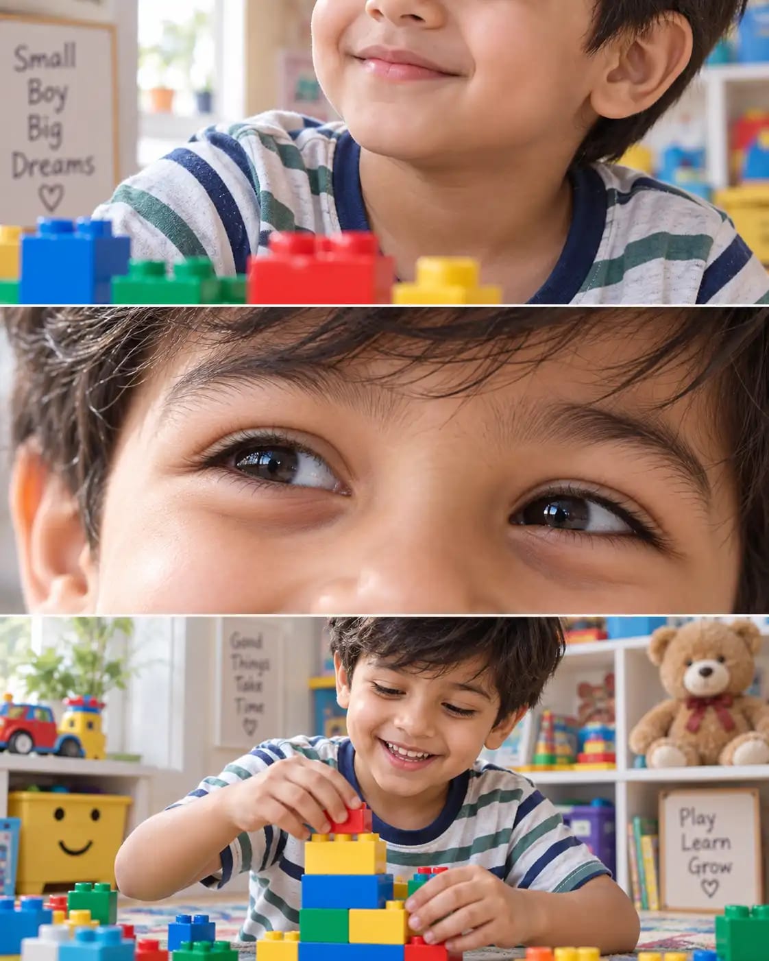 Playroom Building Blocks Triptych | Joyful Kids Split Portrait