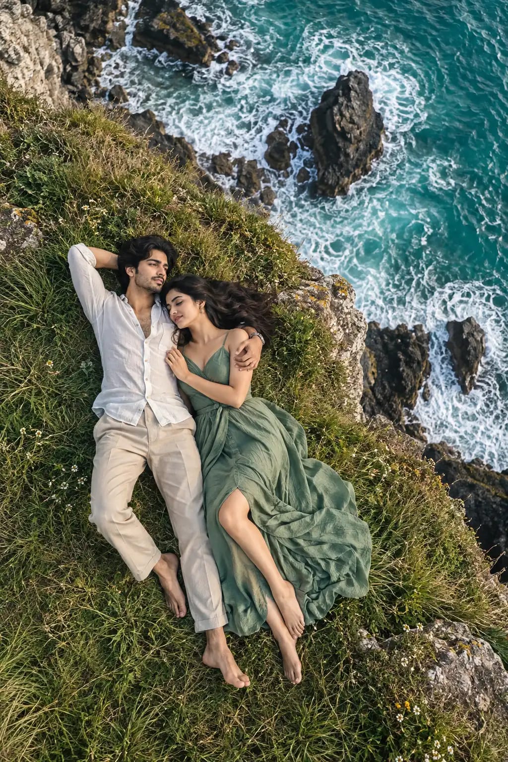 Aerial Cliffside Couple Portrait | Coastal Drone Romance Shot