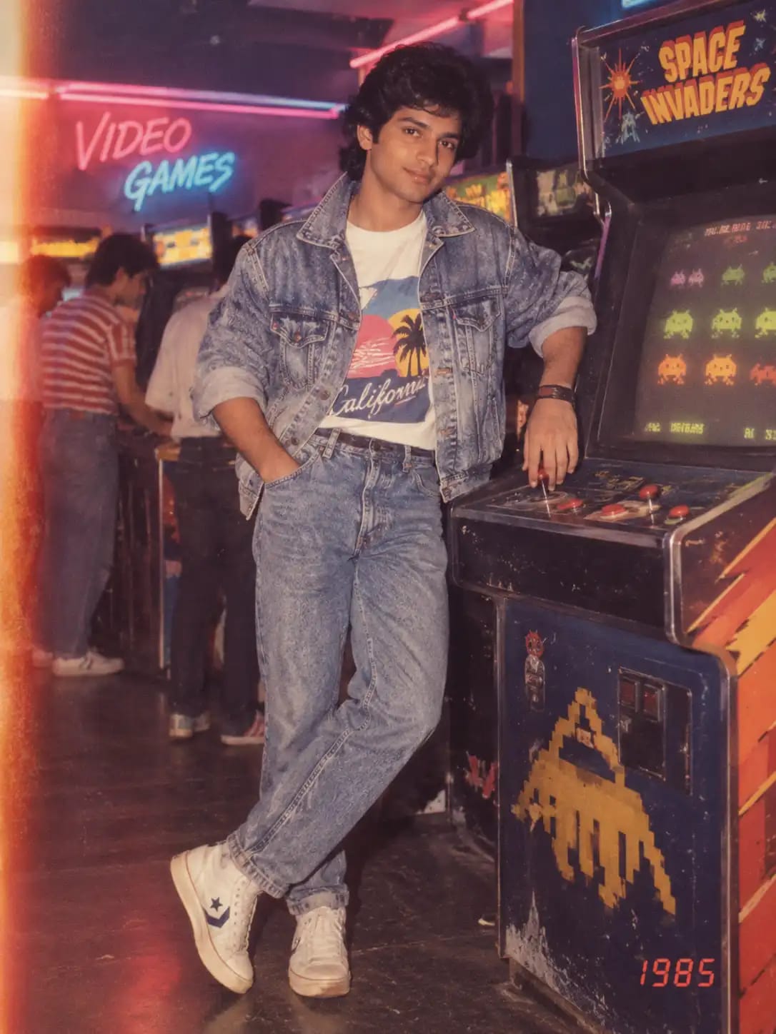1985 Neon Arcade Denim Portrait | Retro Boys Photo sample output