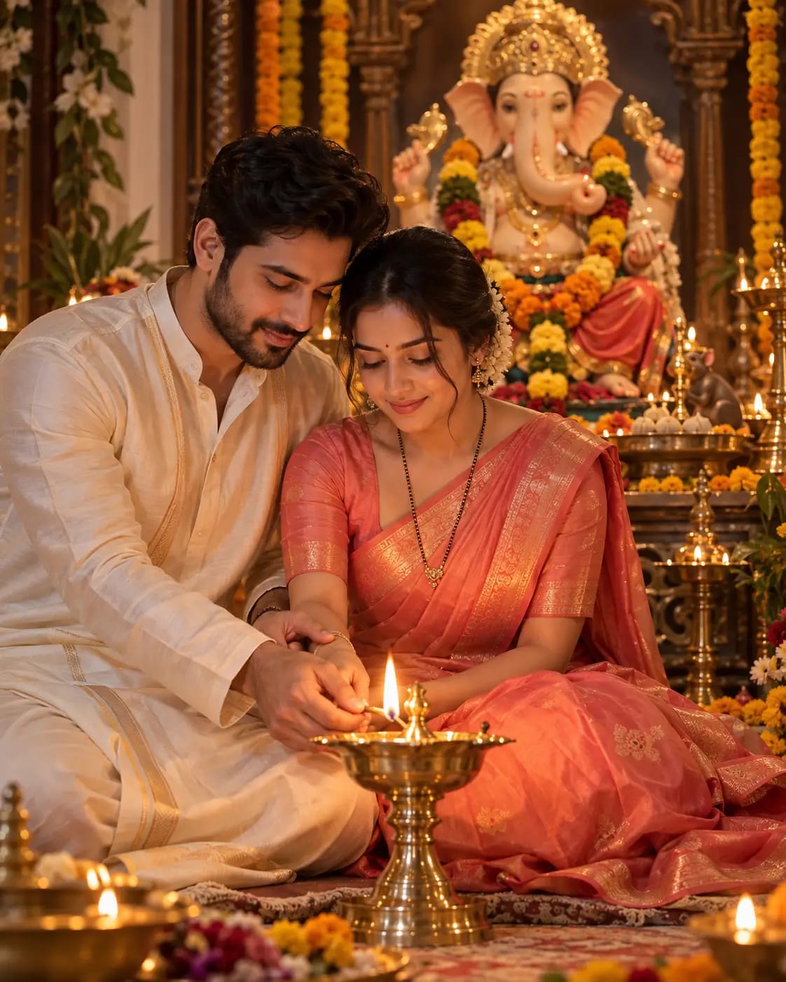 Ganpati Shared Diya Lighting Portrait | Premium Couple Devotional Photo sample output