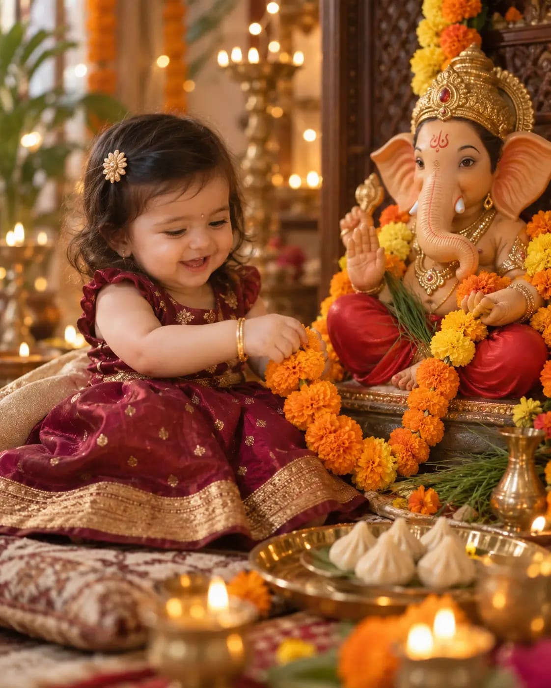 Ganpati Baby Girl Marigold Portrait | Premium Kids Devotional Photo