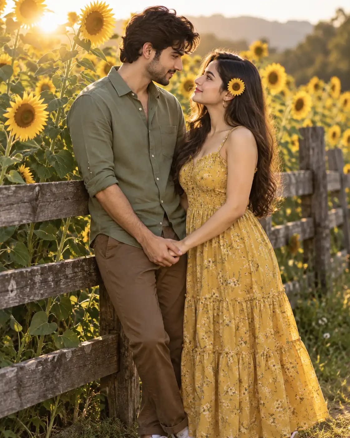 Sunflower Row Fence Portrait | Premium Lifestyle Couple Photo sample output