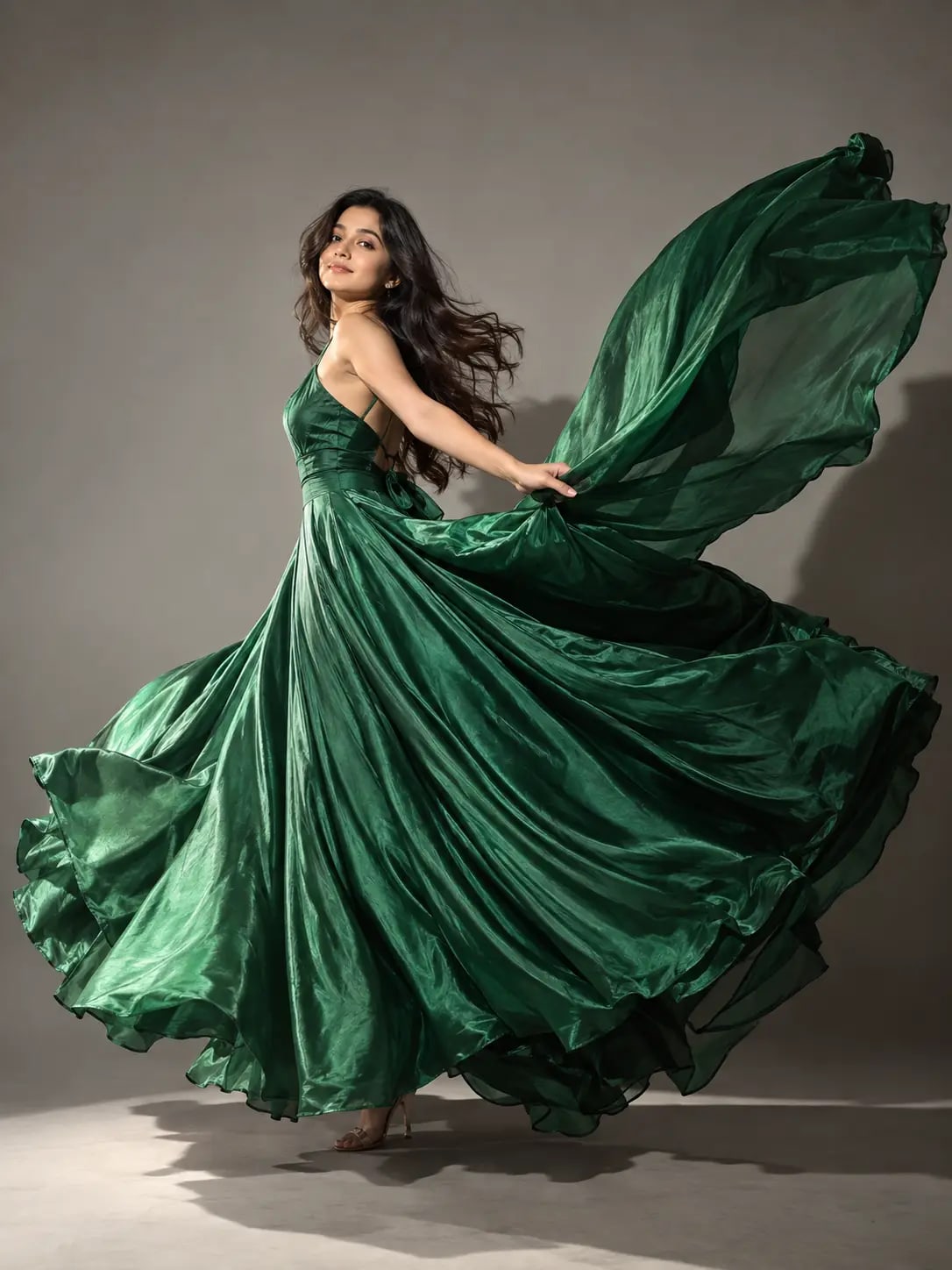 Flowing Emerald Fabric Portrait | Premium Motion-Art Girls Photo