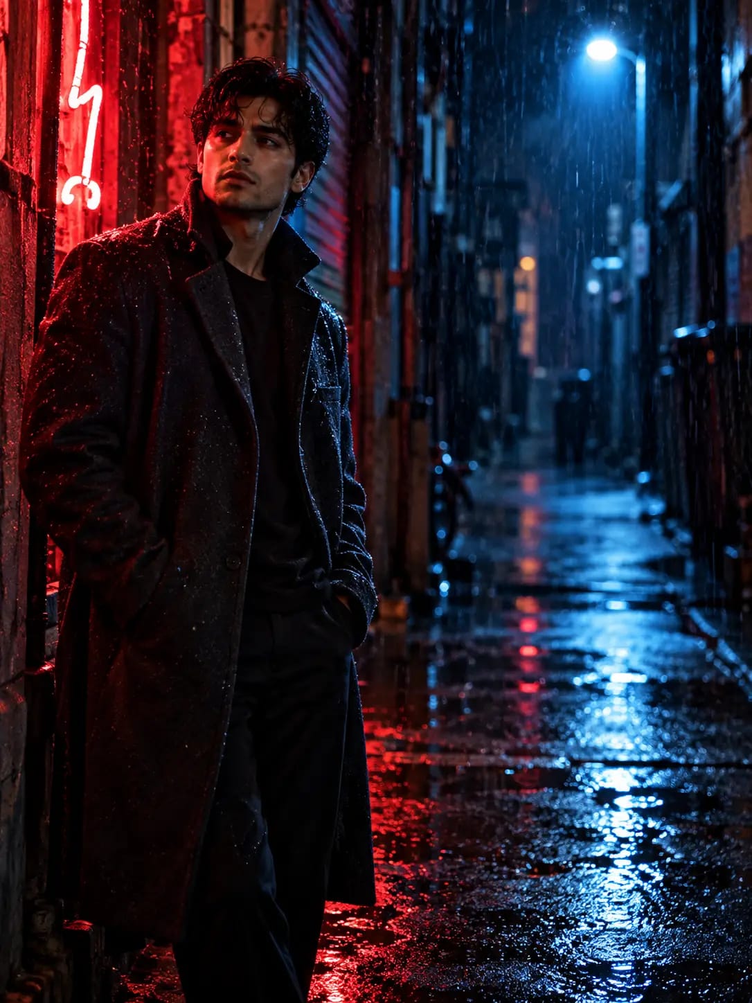 Neon Noir Rain Alley Portrait | Premium Cinematic Boys Photo sample output