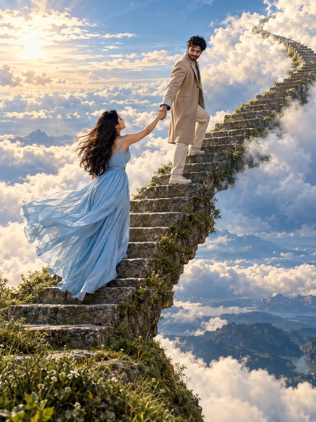 Floating Island Stairway Portrait | Premium Surreal Couple Photo sample output