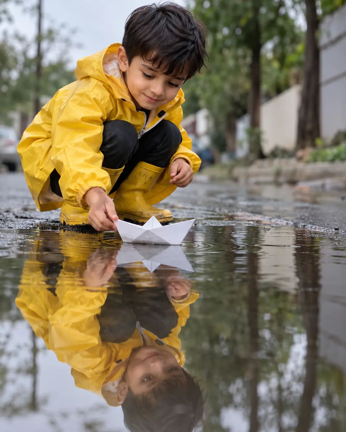 Paper Boat Puddle Reflection Portrait | Premium Creative Kids Photo
