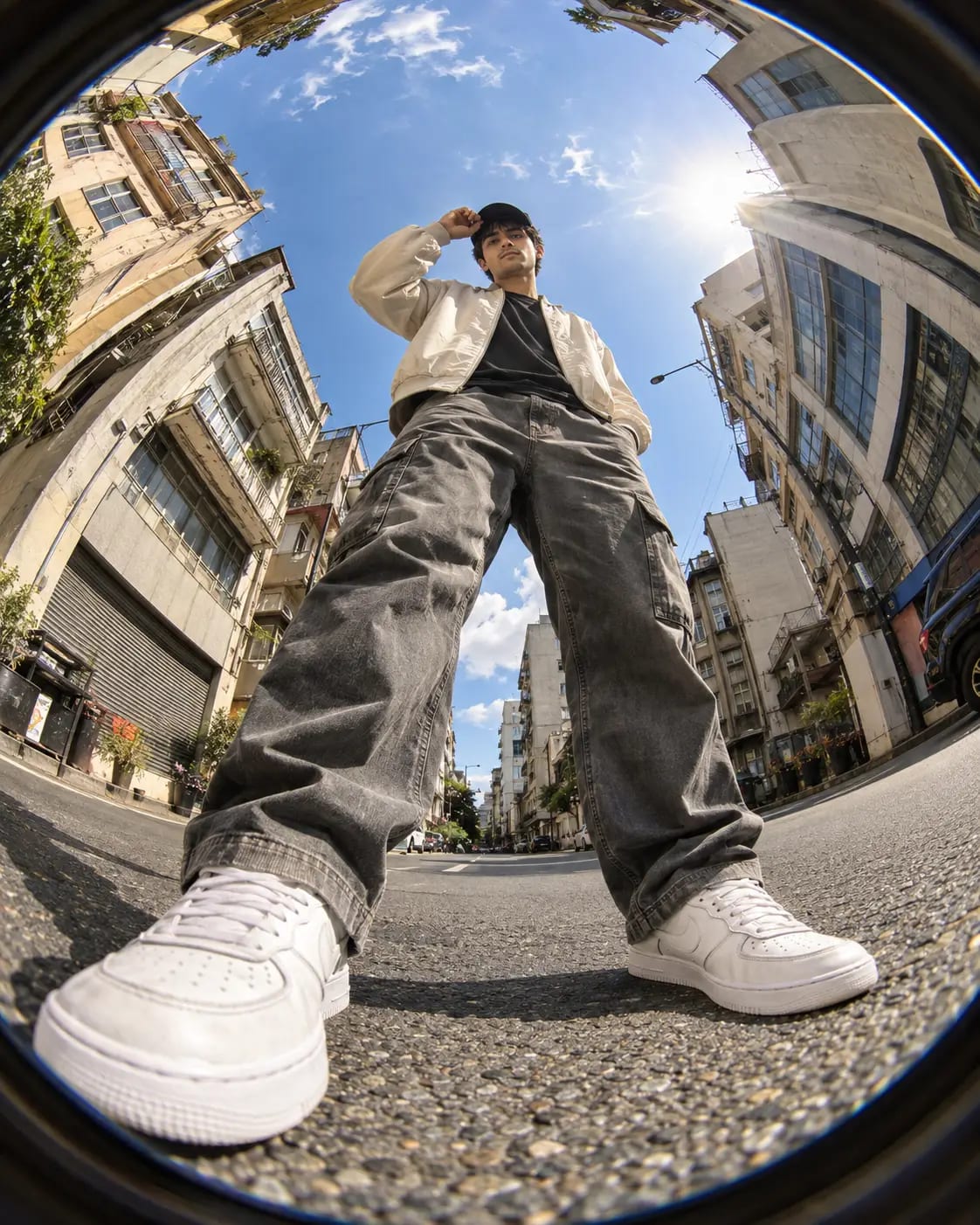 Fisheye Low-Angle Street Portrait | Premium Distortion Boys Photo sample output