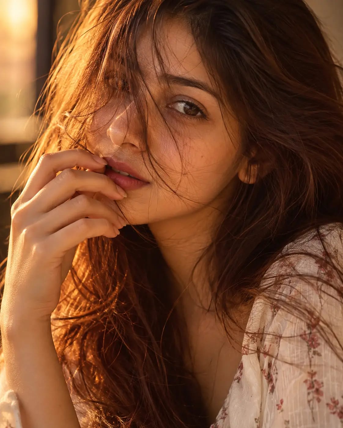 Dreamy Hair-Strand Amber Portrait | Premium Cinematic Trend Photo