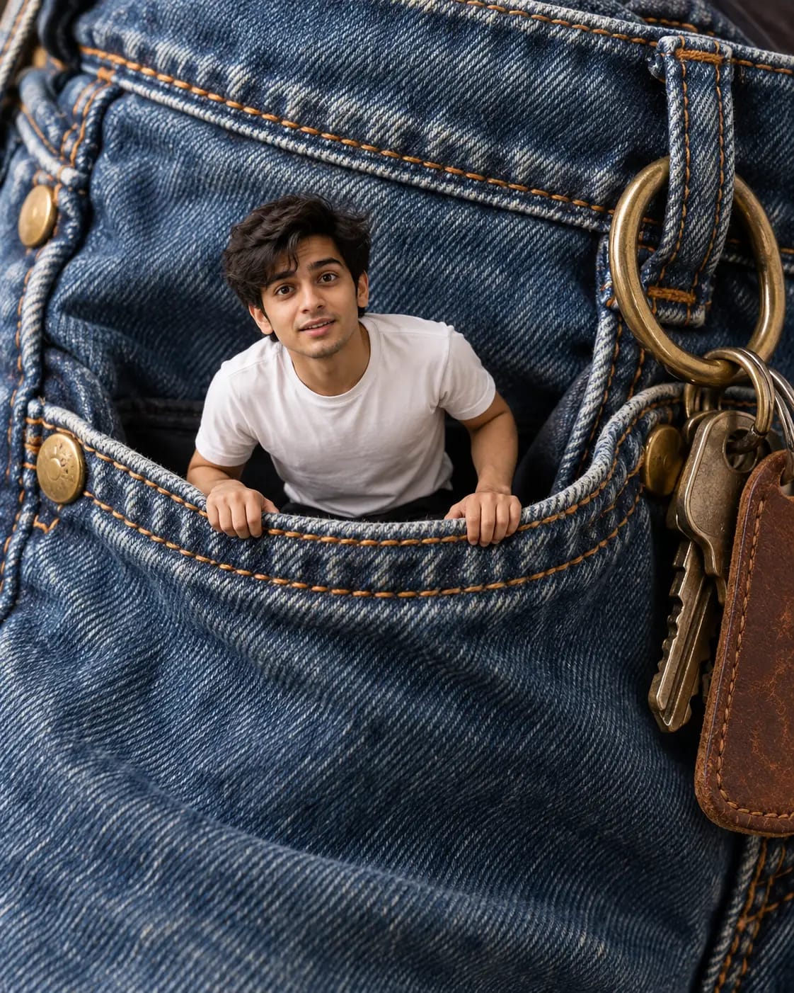 Miniature Me in Giant Denim Pocket | Macro Scale Portrait