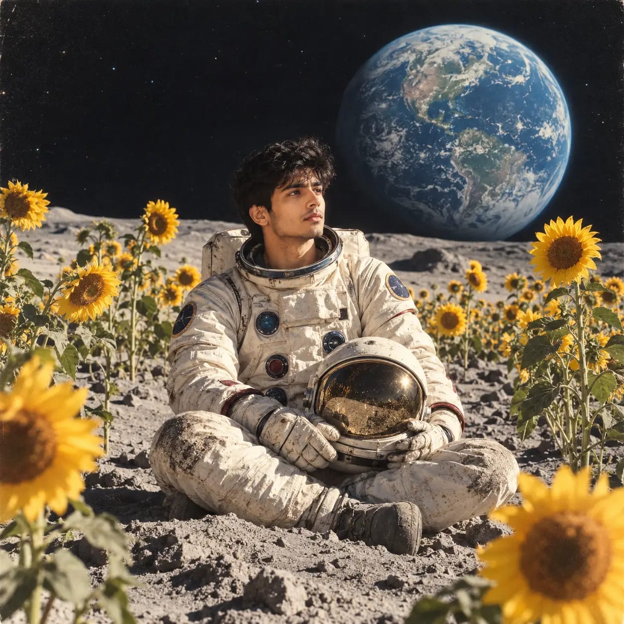 Lunar Sunflower Field Astronaut | Album Cover Style Portrait sample output