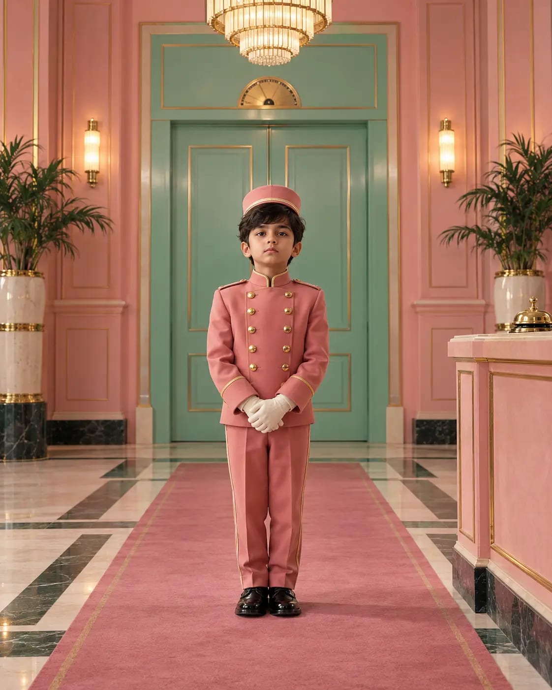 Pastel Grand Hotel Bellhop | Imaginary Film Still Kids Portrait
