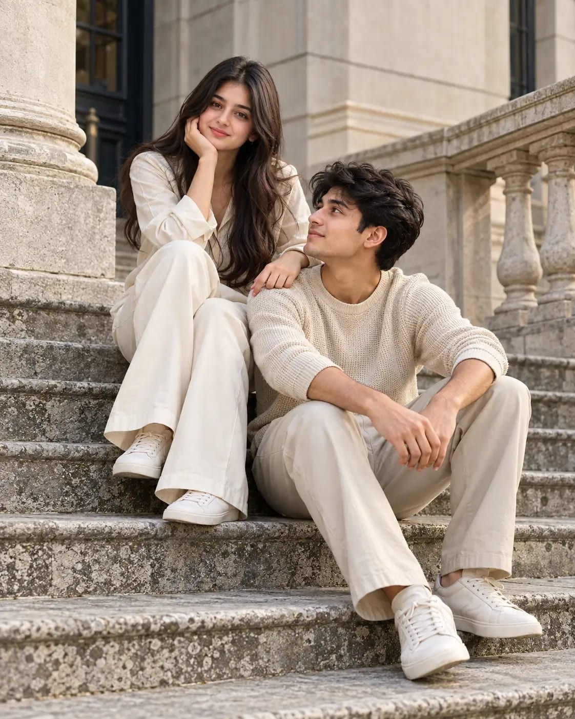 Quiet Luxury Stone Steps Couple Portrait | Premium Editorial Photo sample output