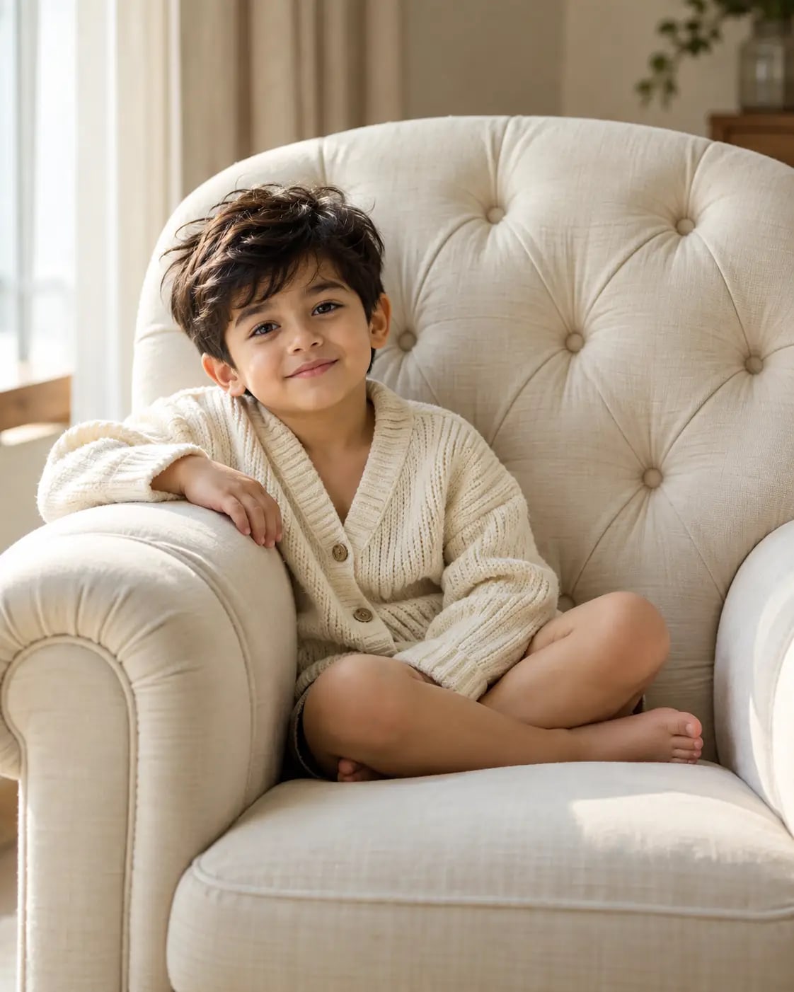 Quiet Luxury Heirloom Armchair Portrait | Premium Kids Editorial Photo