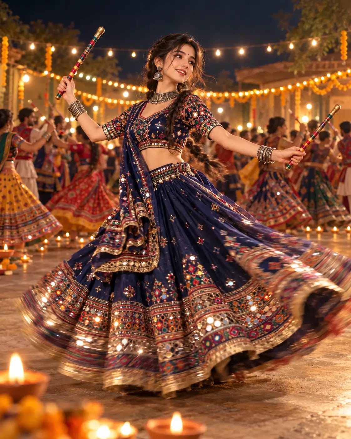 Navratri Dandiya Garba Twirl Portrait | Mirror-Work Ghaghra Ultra HD AI Prompt