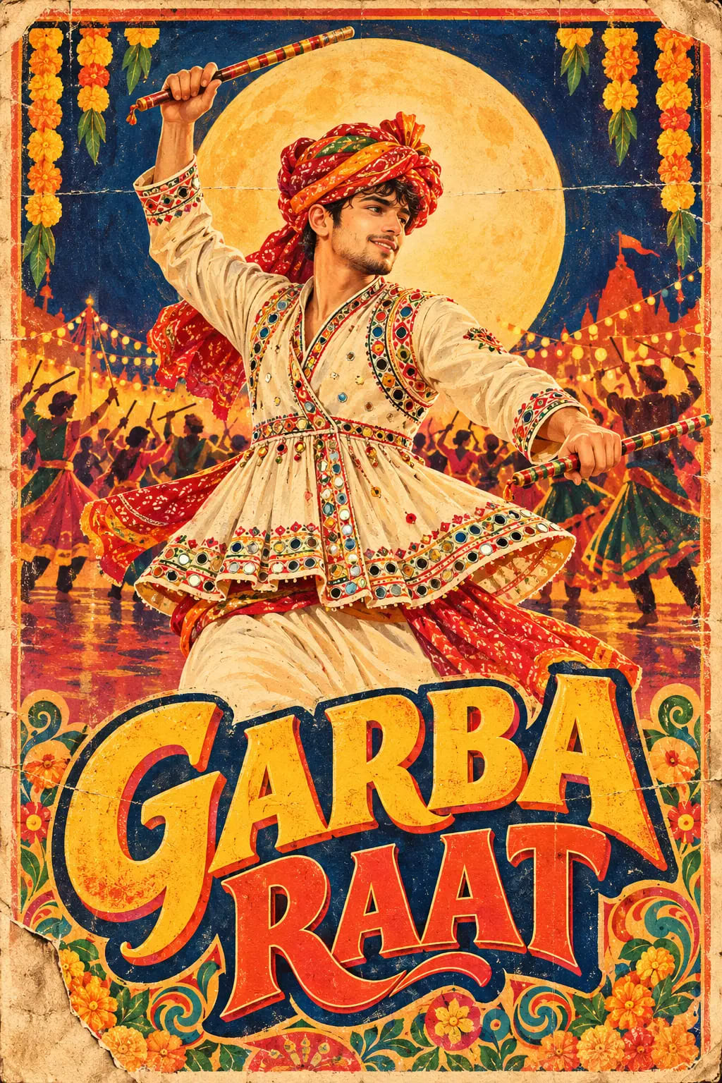 Retro Navratri Hand-Painted Poster | Vintage Dandiya Print AI Prompt sample output