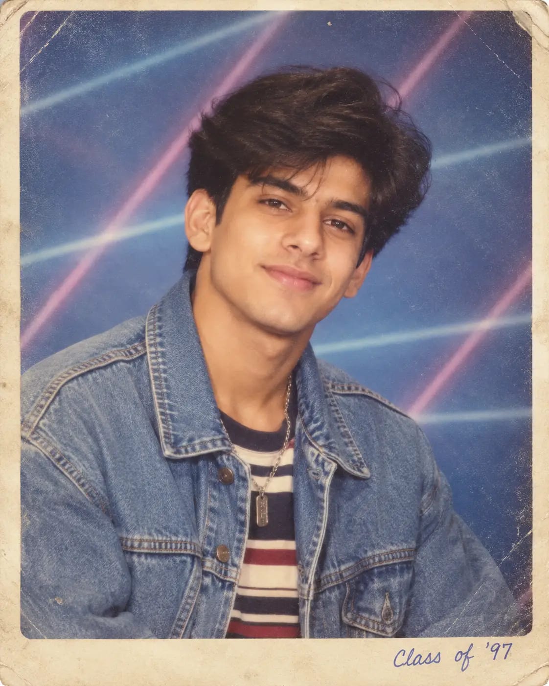 90s Yearbook Laser Backdrop Portrait | Retro School Photo AI Prompt sample output