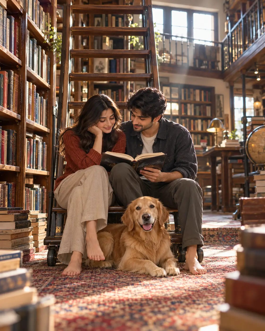 Couple and Dog Rolling Ladder Bookshop | Cozy Lifestyle AI Prompt sample output