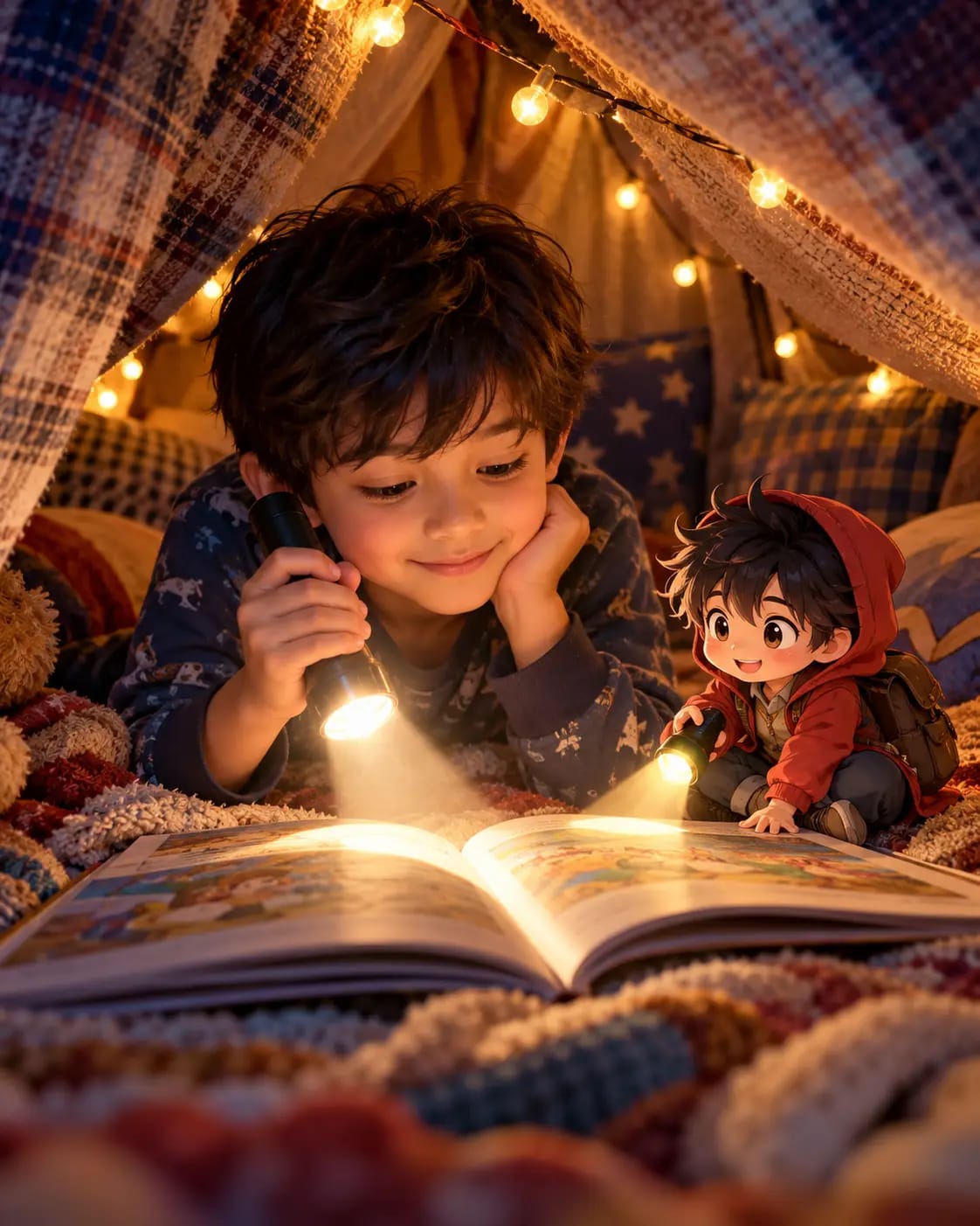Kids Anime Flashlight Blanket Fort | Tiny Companion AI Photo Prompt sample output