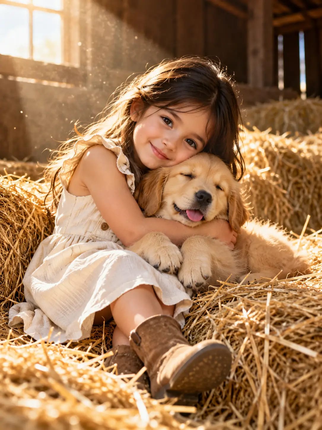 Kids Golden Puppy Straw Barn Portrait | Heartwarming Pet AI Prompt