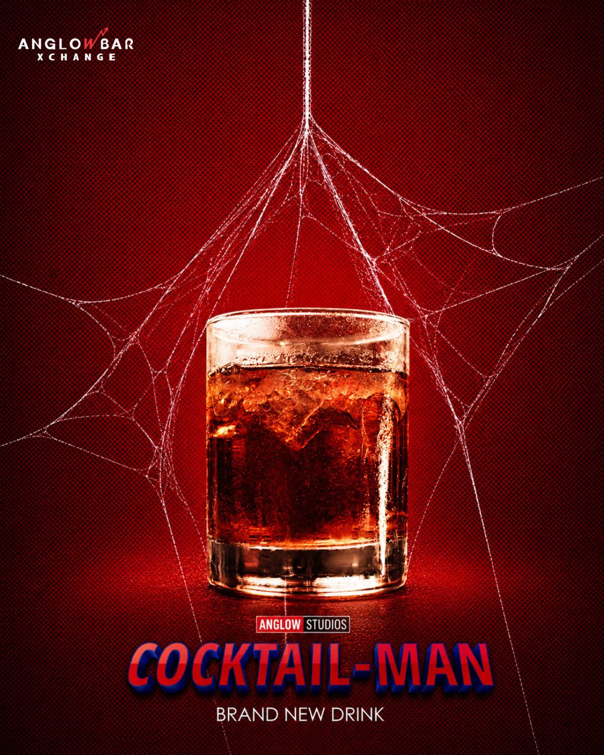 Cocktail poster with a red drink hanging in a spider web