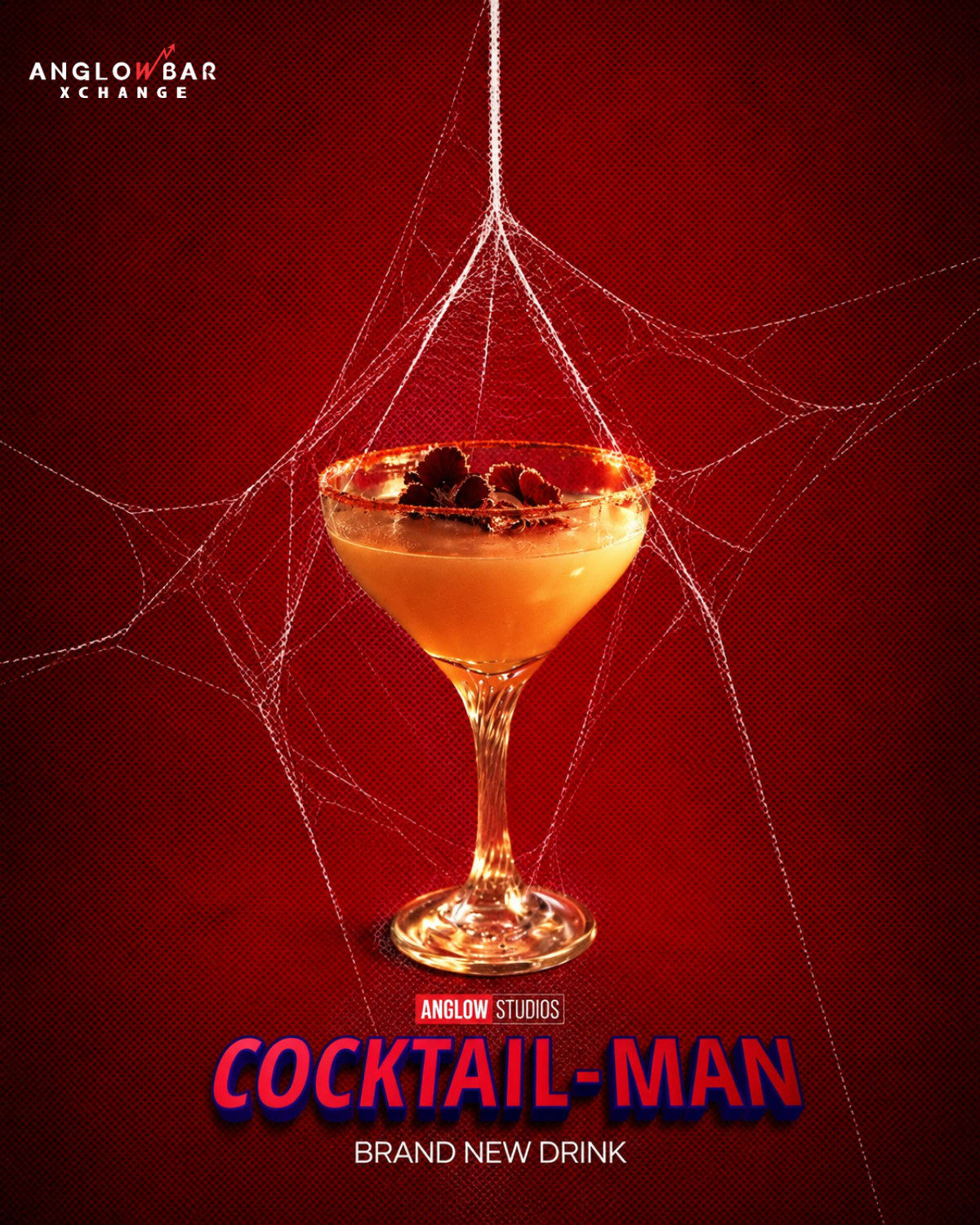 Cocktail poster with an orange drink hanging in a spider web