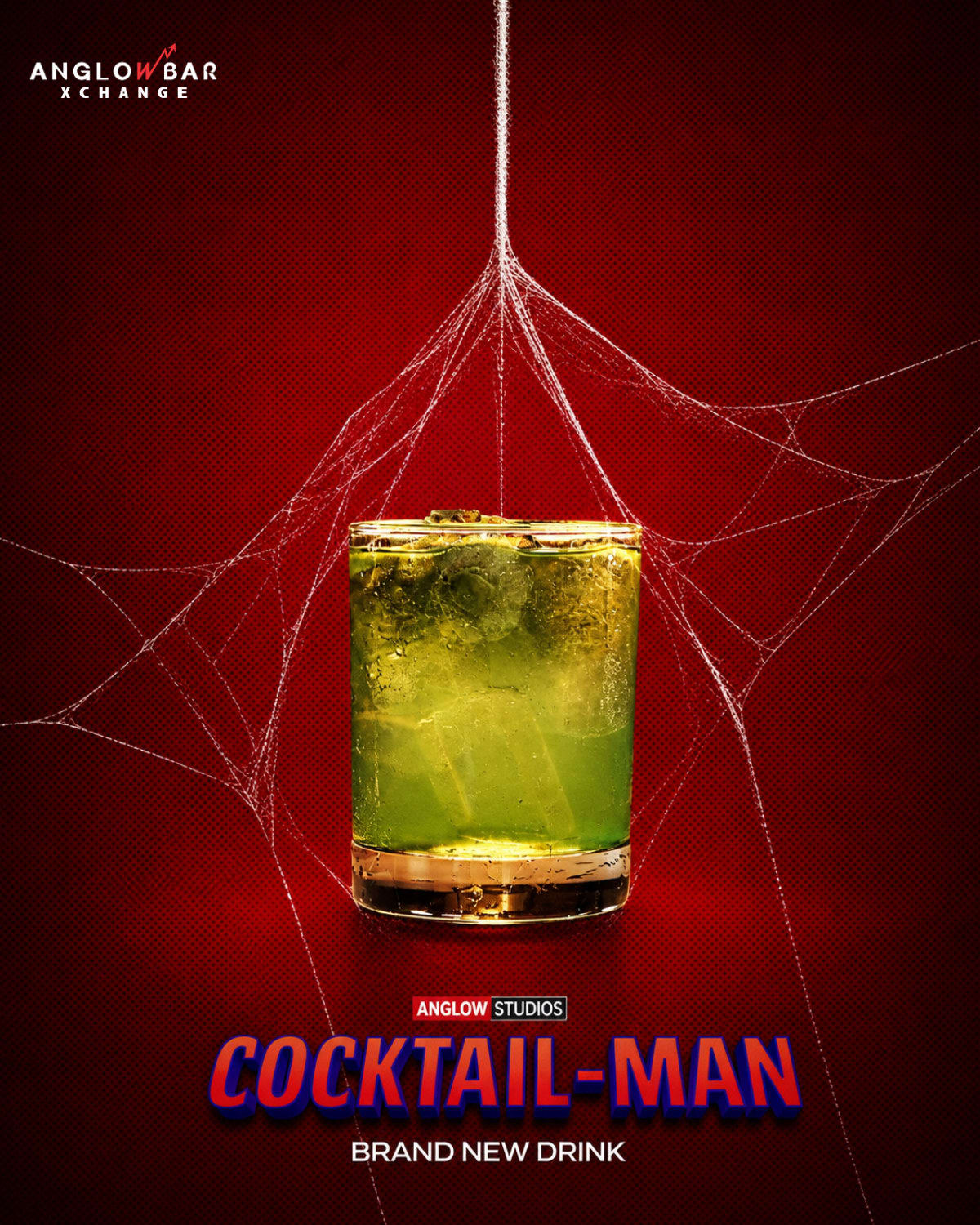 Cocktail poster with a green drink hanging in a spider web