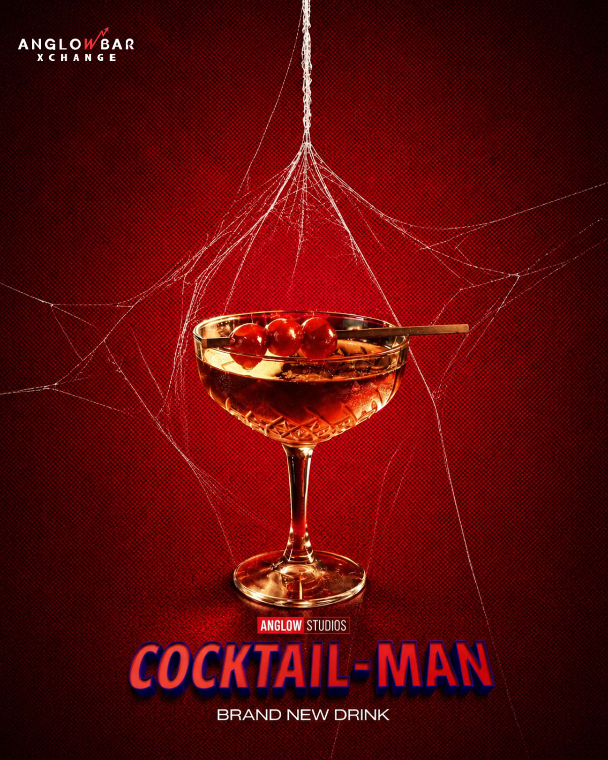 Cocktail poster with a garnished drink hanging in a spider web