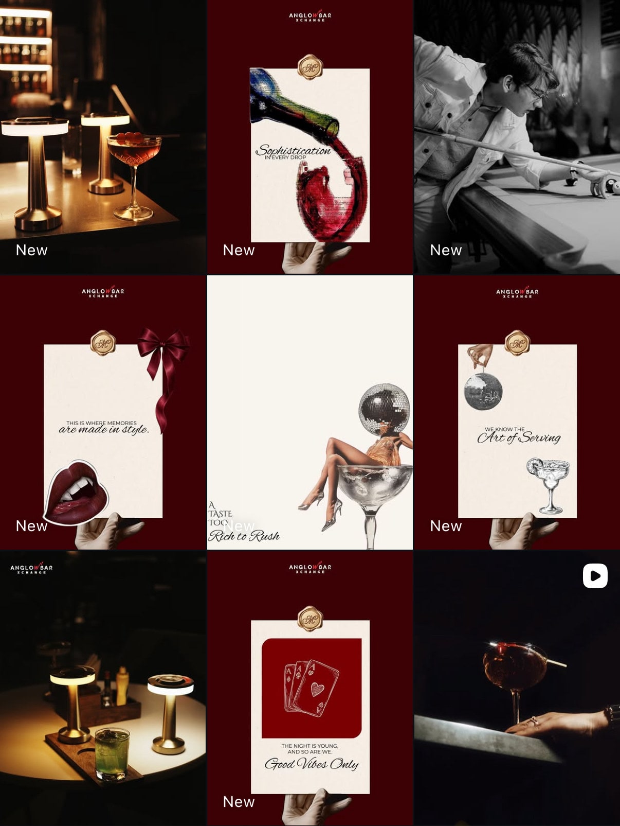 Instagram grid of cocktail photos and invitation posts for a bar