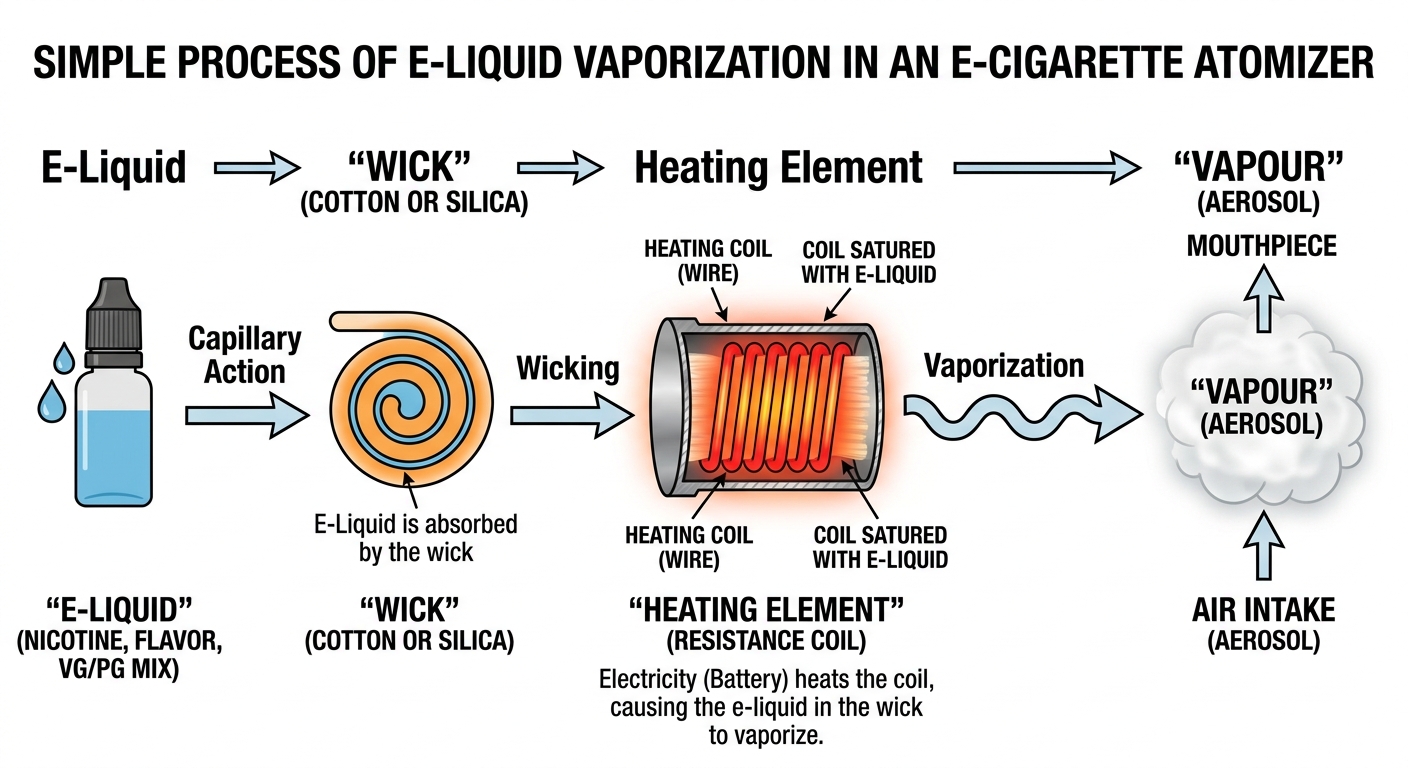 Diagram showing e-liquid moving through the wick to the heating element and producing vapour