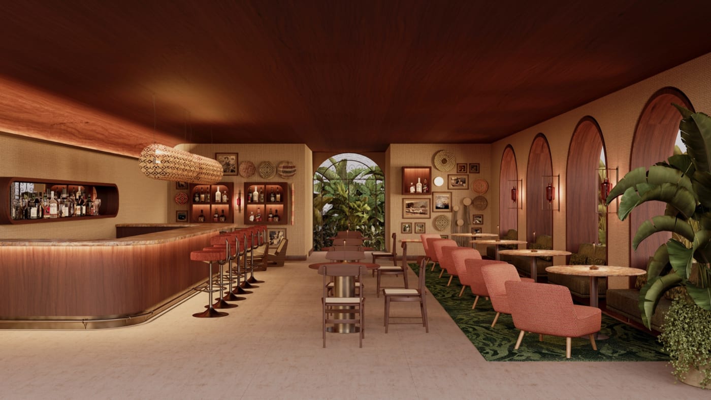 Rendu du bar du Tropical Hotel da Amazonia à Manaus, comptoir courbe et fauteuils corail sous des arches