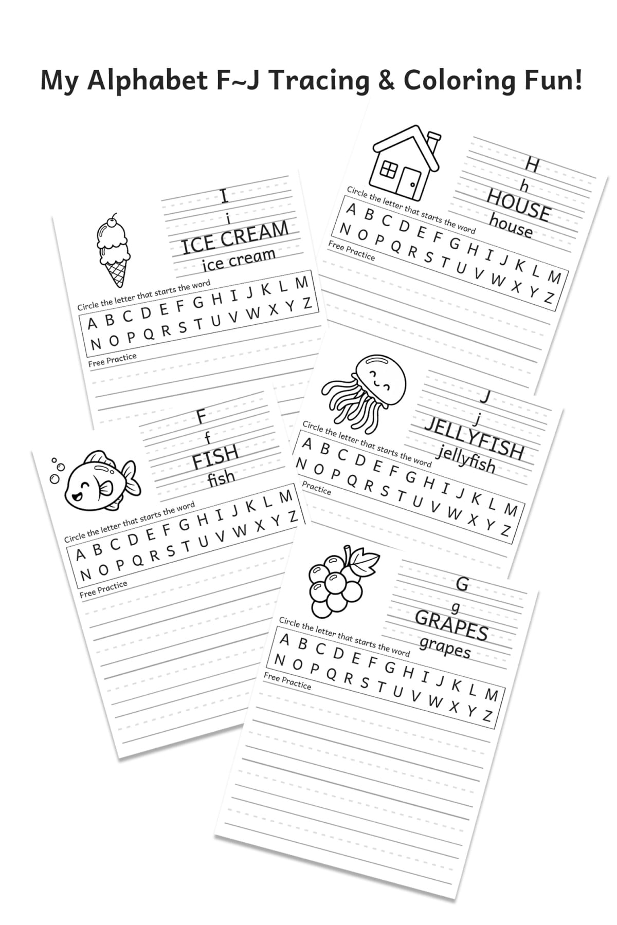 Alphabet Tracing Worksheets: Printable F to J Practice