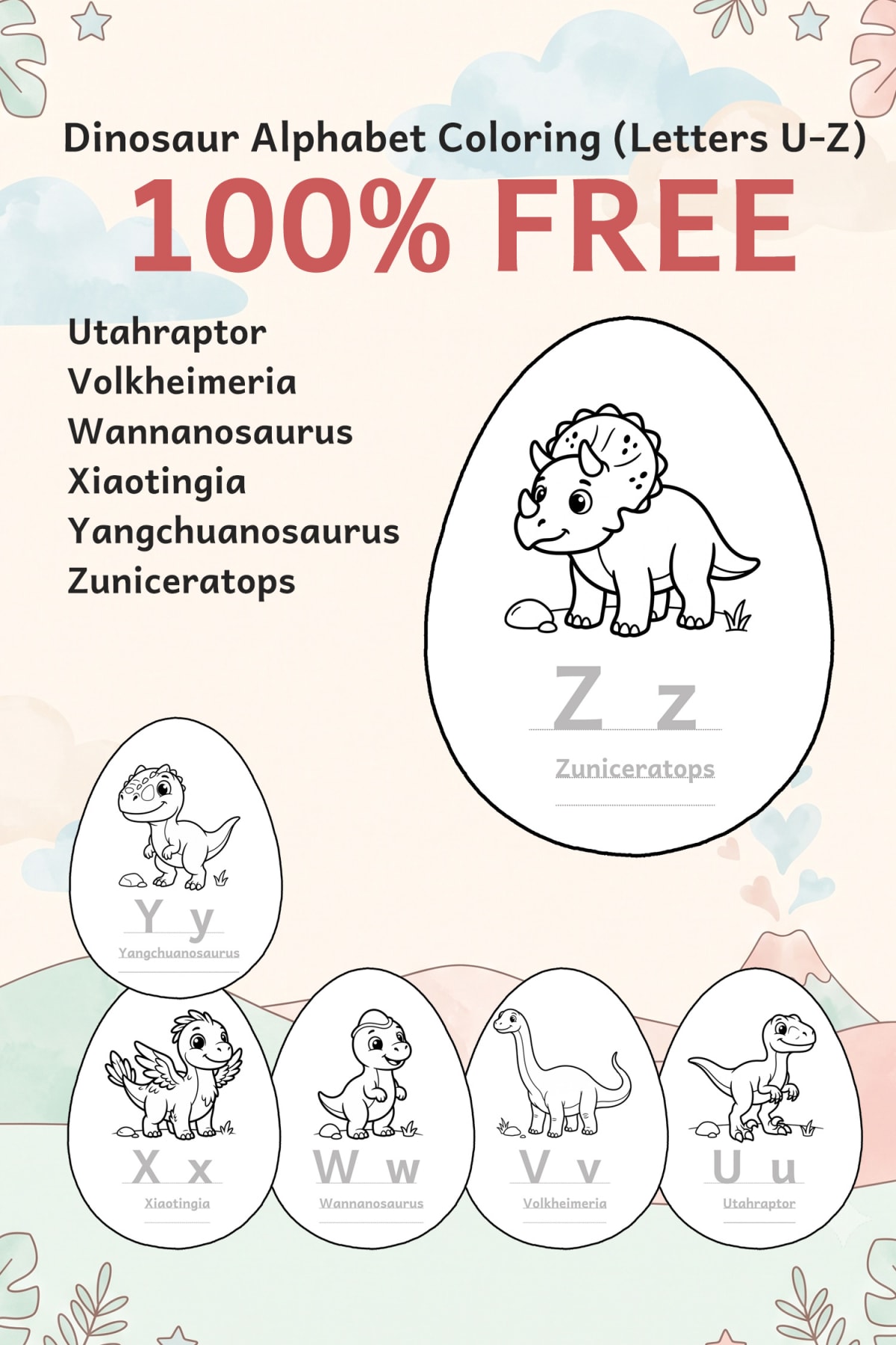 Free Dinosaur Coloring Pages: Alphabet U-Z
