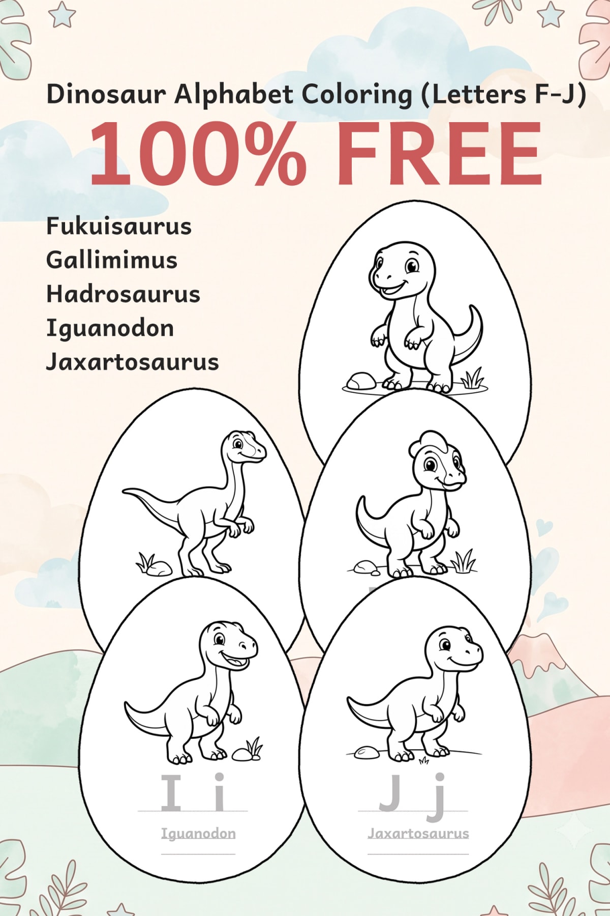 Free Dinosaur Coloring Pages: Alphabet Letters F-J PDF