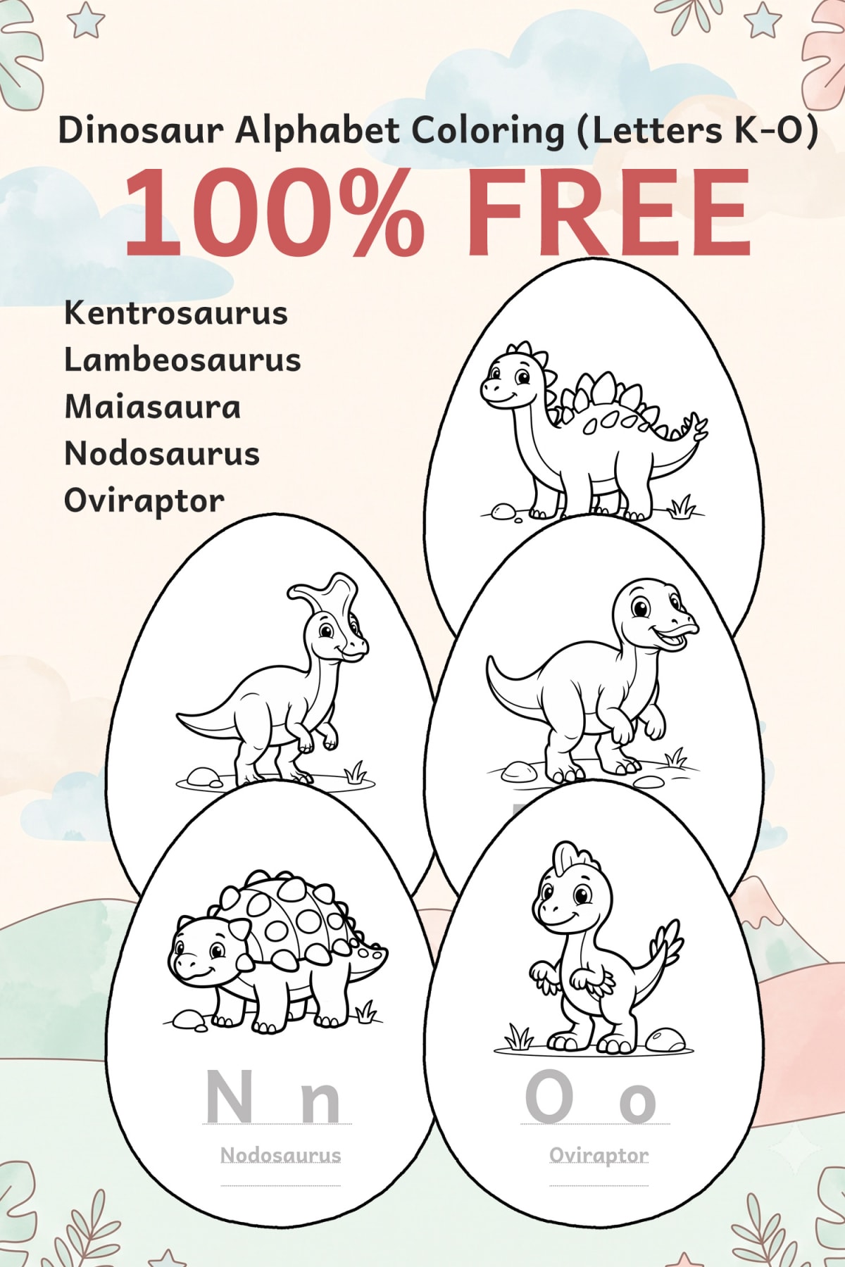 Free Dinosaur Alphabet Coloring Pages: Letters K-O PDF
