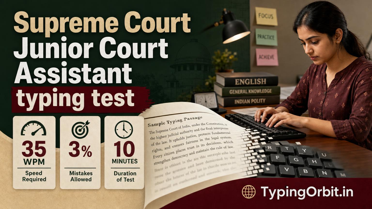 Supreme Court Junior Court Assistant Typing Test: 35 WPM, 3% Mistakes & 10-Minute Rules