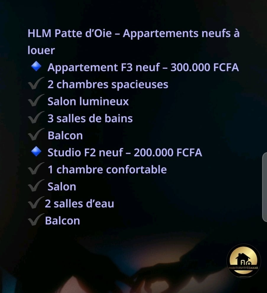 Appartements Neufs à Louer HLM Patte d'Oie - F3 et Studio F2 | Avec Balcons | À partir de 200 000 FCFA/mois