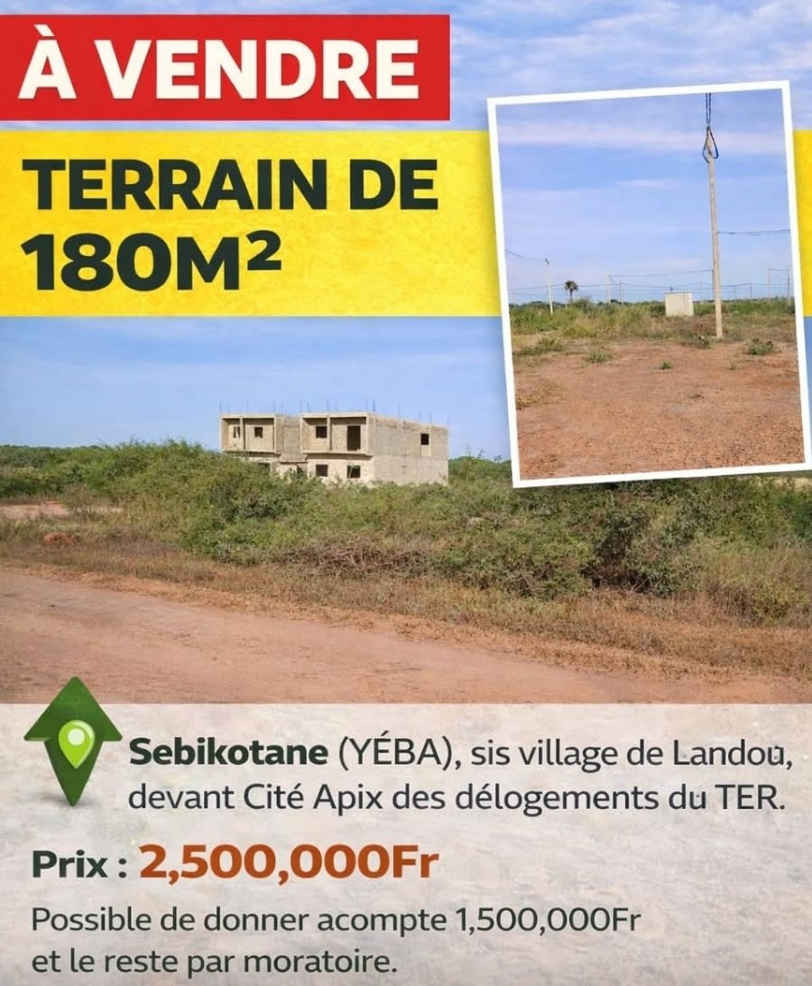 Terrain 180m² à Vendre Sébikhotane YÉBA - Village Landou | Devant Cité Apix TER | Facilité Paiement 2,5M FCFA