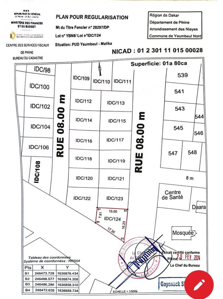 Terrain Angle 180m² à Vendre – Gadaye | Notification de Bail + Quitus Mainlevée | Idéal Habitation ou Commercial | 20 Millions à Débattre VMT