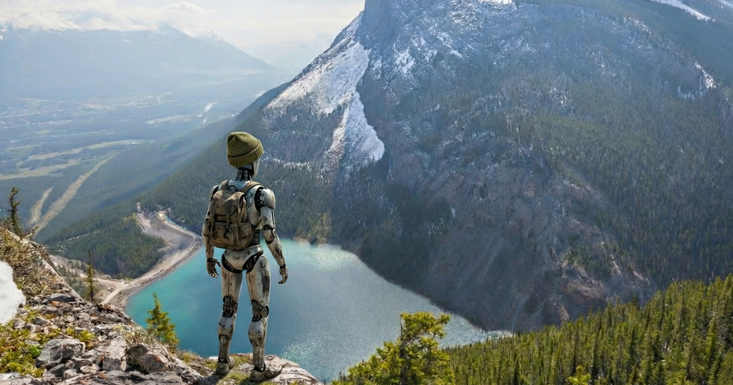 Robot on hike at a scenic lookout
