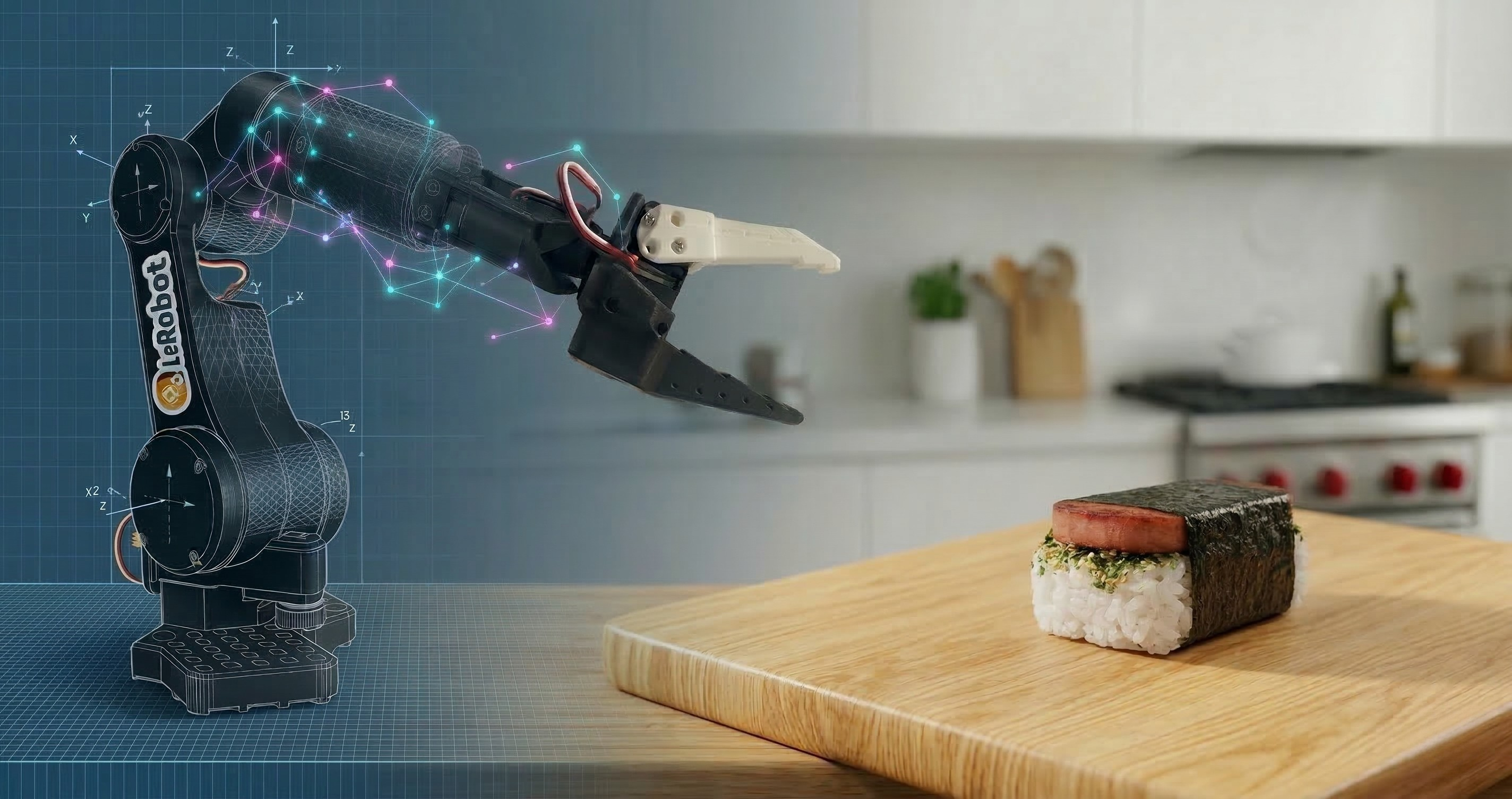 Digitized SO-100 reaching for Spam musubi