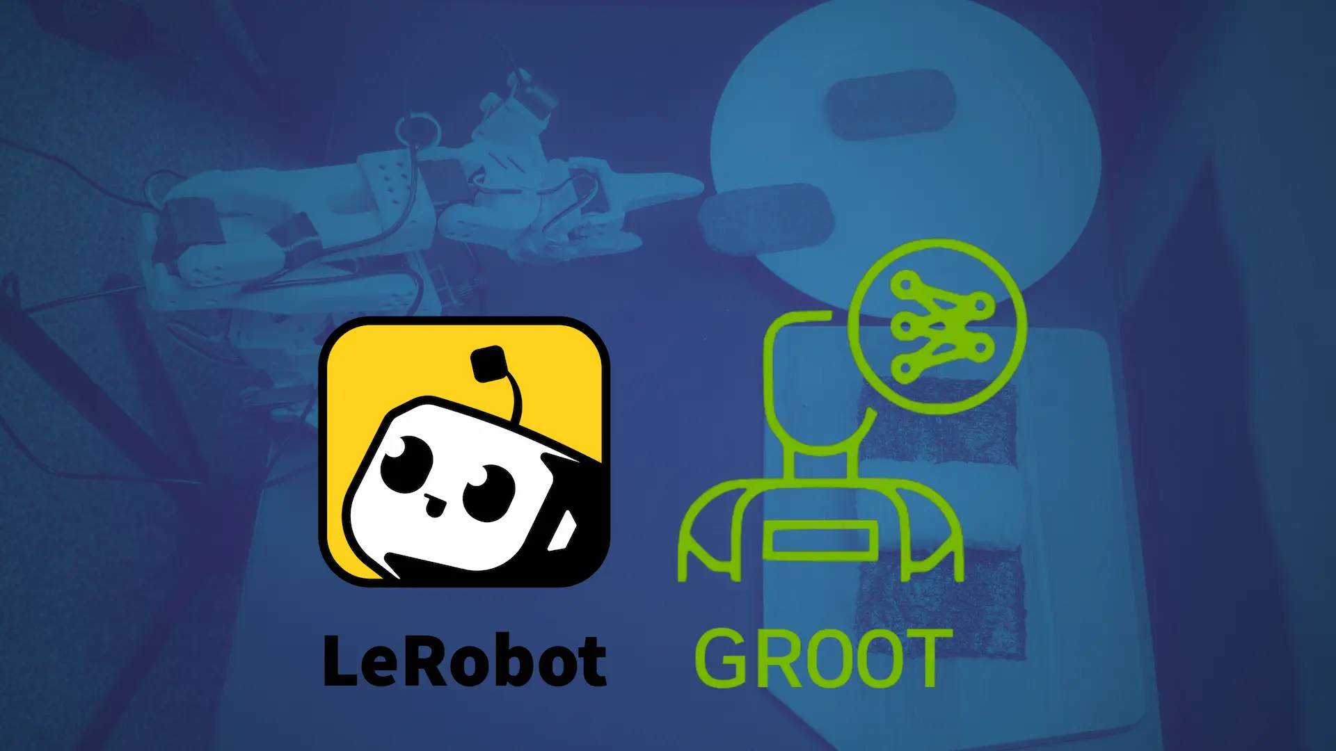 Duo tone styled image of SO-101 reaching to make spam musubi with LeRobot and GR00T logos