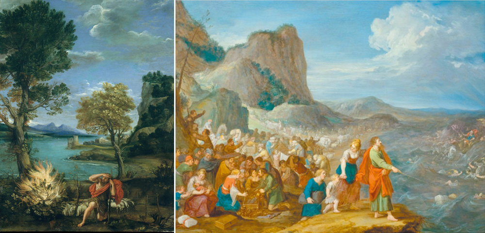左圖："Landscape with Moses and the Burning Bush", by Domenichino　右圖："Moses parting the Red Sea", by Hans Jordaens (III)