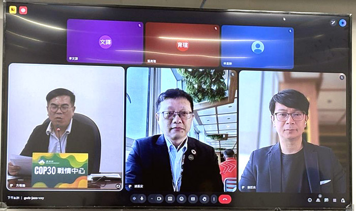 左起:環境部長彭啟明、工業技術研究院資深工程師連振安、中華經濟研究院主任劉哲良,分享COP會議開幕觀察。(圖/環境部)