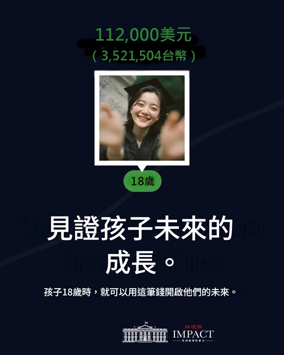 到18歲時，存款約可增值至台幣352萬餘元。(翻攝自FB@The White House，Google翻譯）