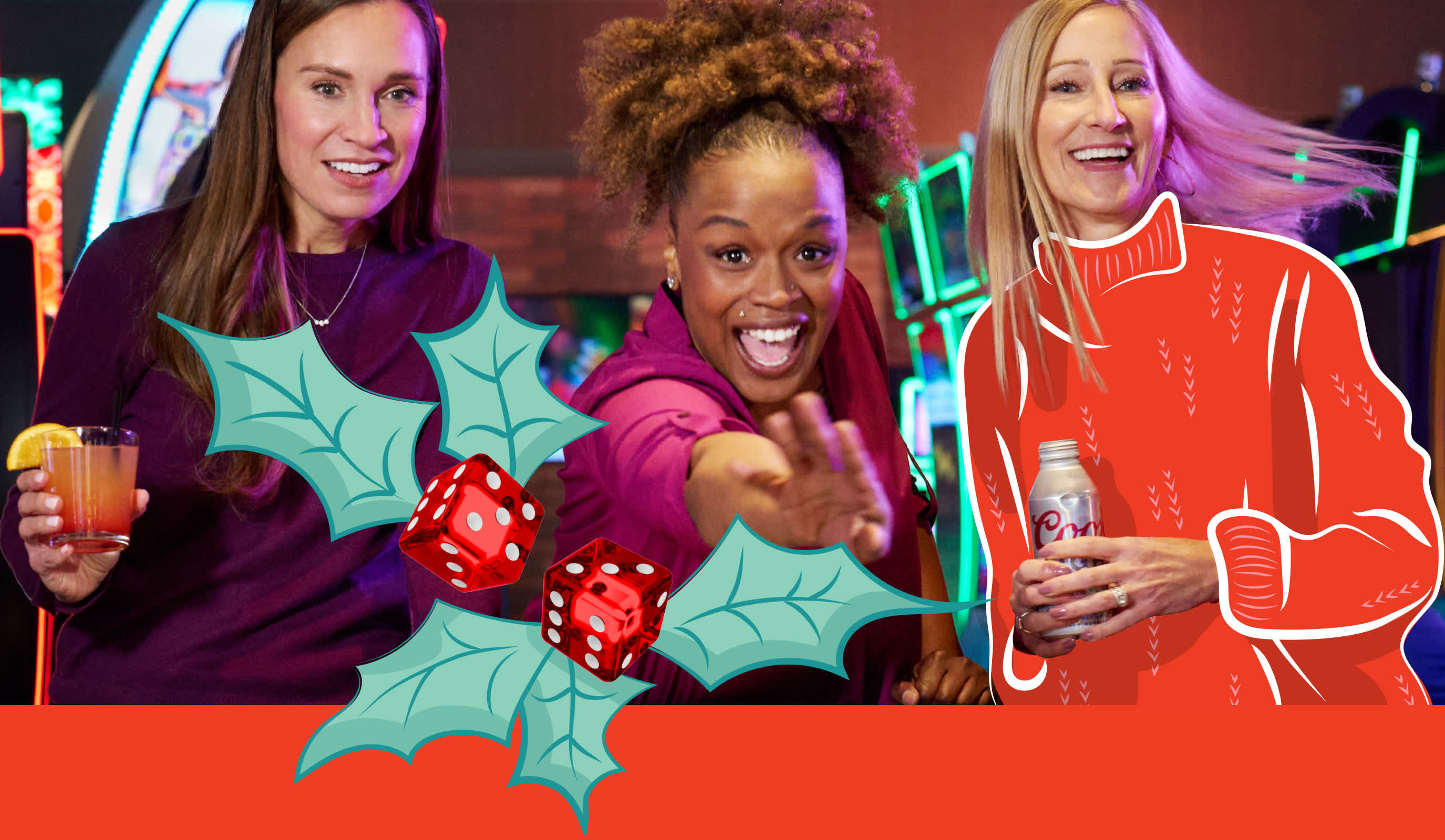 Women playing craps. Festive look.