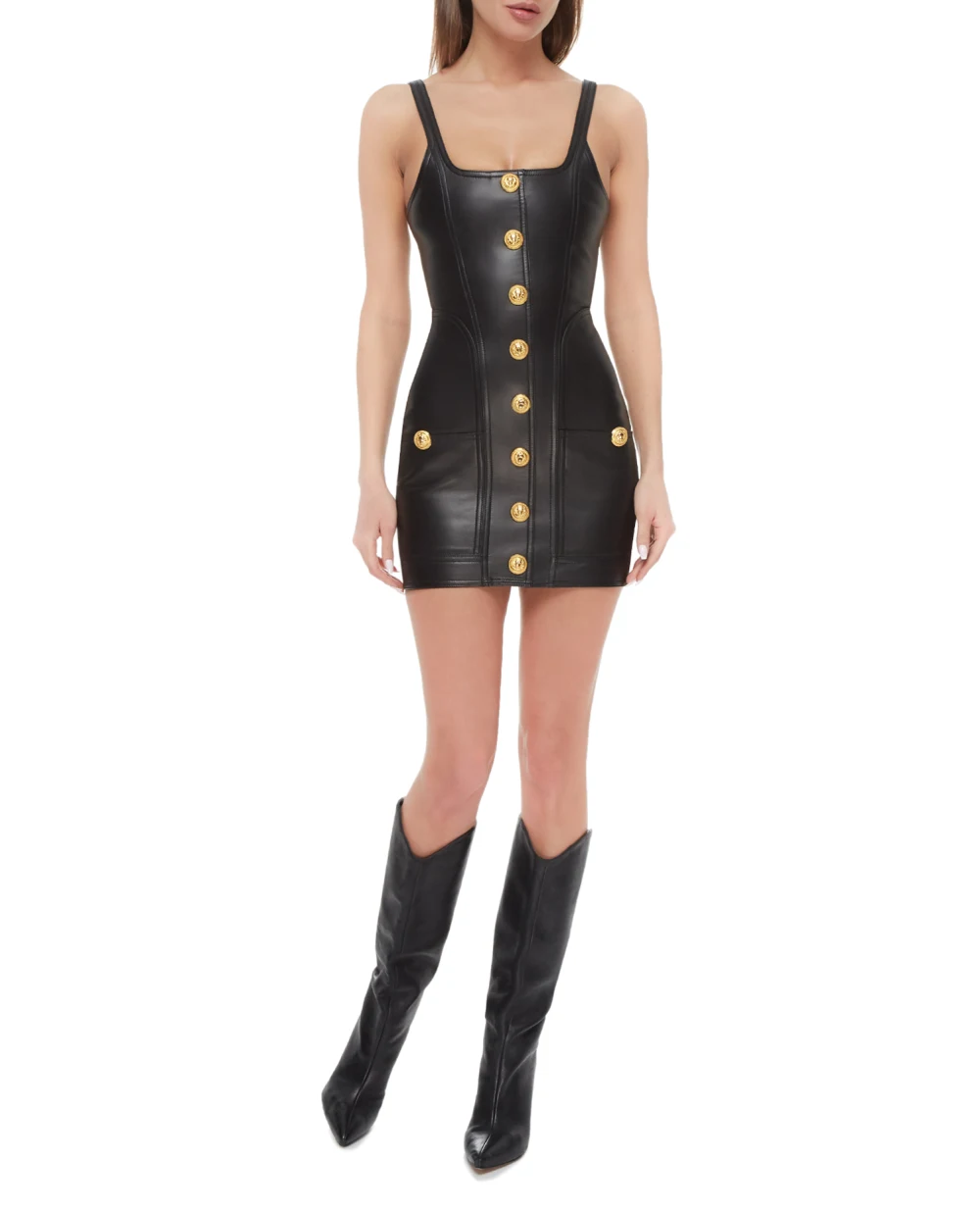 Кожаный сарафан Balmain YF1R4037LB64, черный цвет • Купить в интернет-магазине Kameron