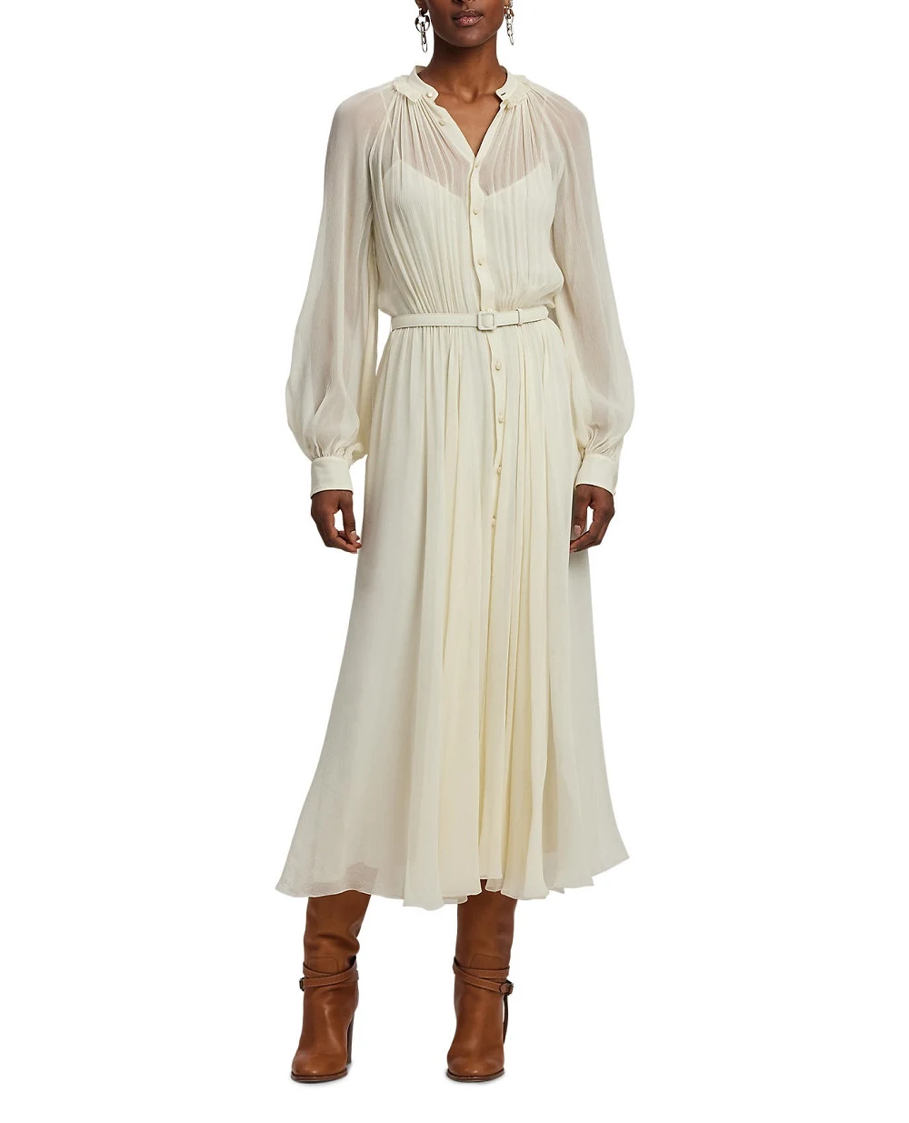 Платье Grantly Crinkle из шелка Ralph Lauren Collection 290P00343001, кремовый цвет • Купить в интернет-магазине Kameron