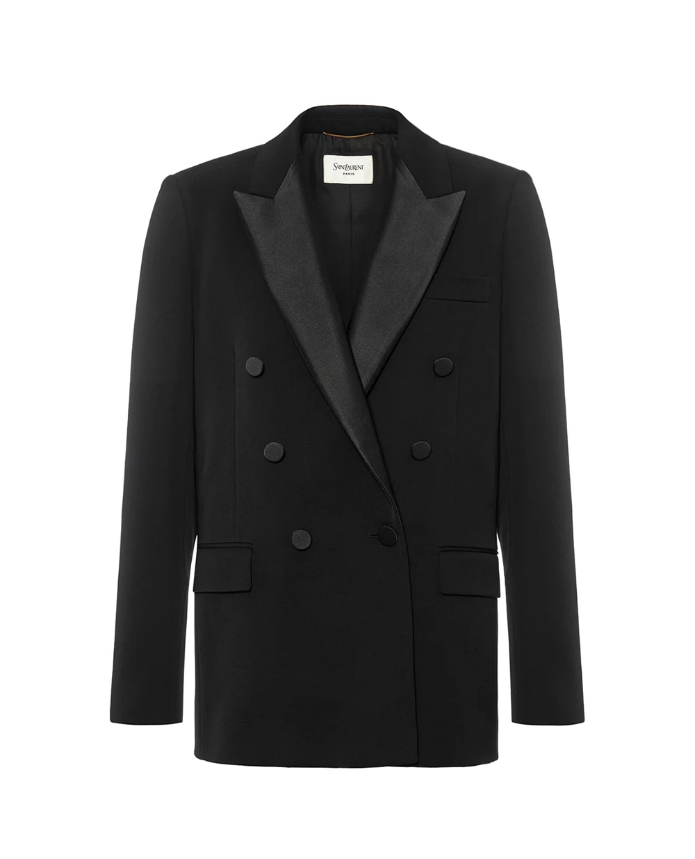 Двубортный жакет с атласными лацканами Saint Laurent 837658-Y7E63, черный цвет • Купить в интернет-магазине Kameron
