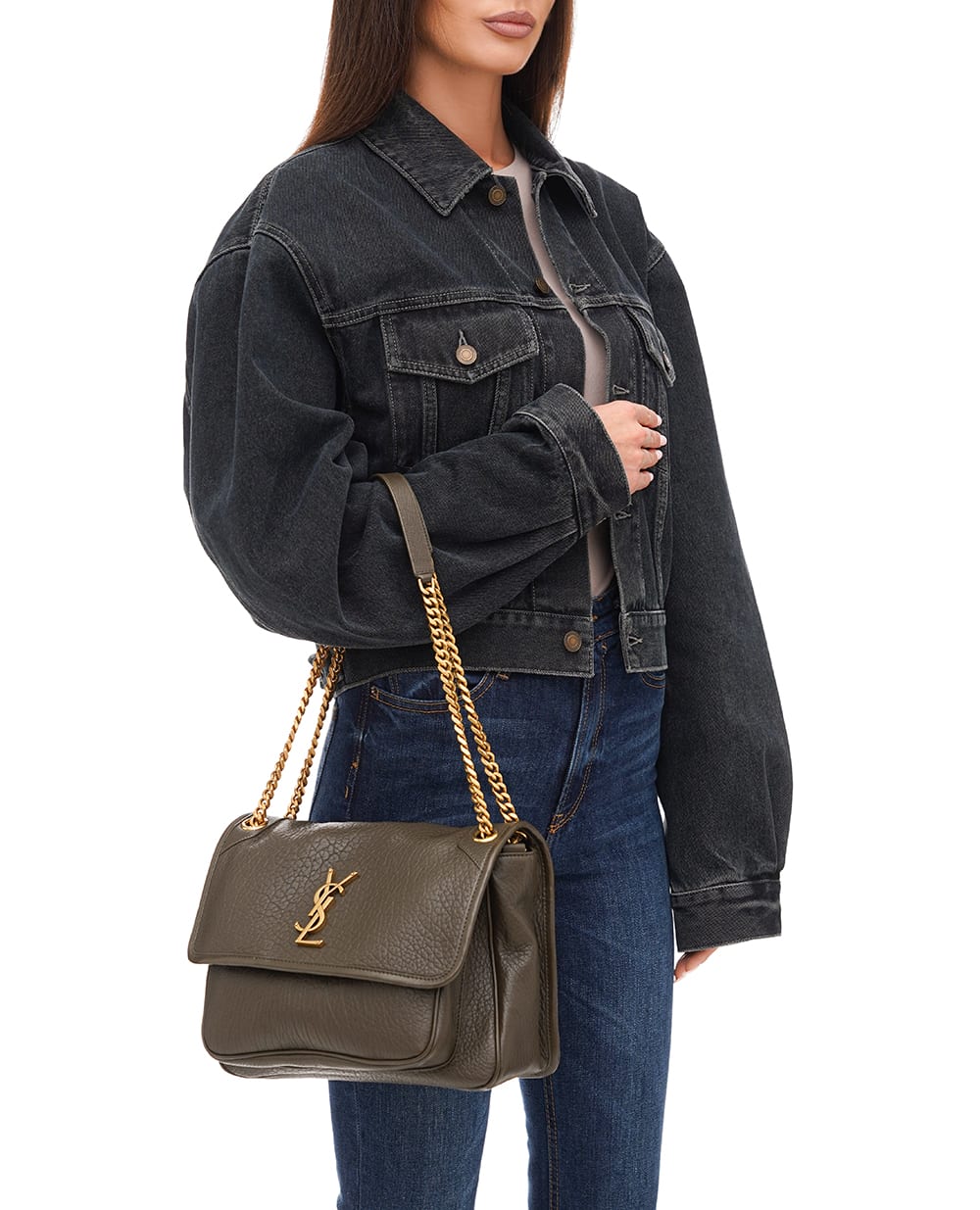 Шкіряна сумка Niki Medium Saint Laurent 633178-AACYT, оливковий колір • Купити в інтернет-магазині Kameron